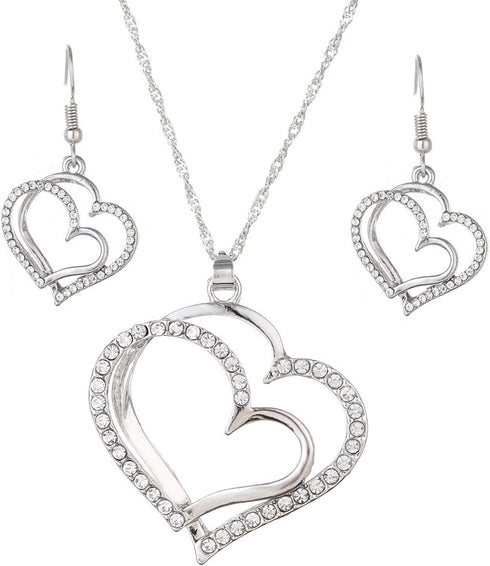 Wedding Jewelry Mother's Day Gifts Double Heart Pendant Necklace and Earring Set for Mom Women Bride Bridesmaids...