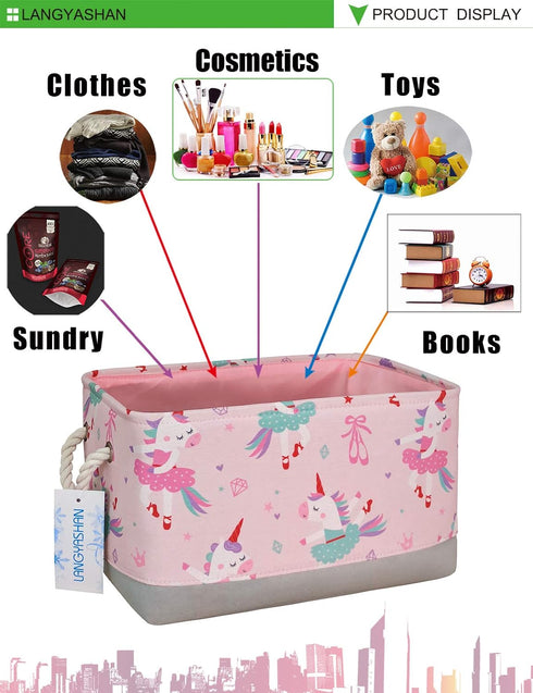LANGYASHAN Rectangular Storage Bin Collapse Canvas Fabric Cartoon Storage Basket with Handles for Organizing Home Kitchen Boys and Girls Toys Offi...