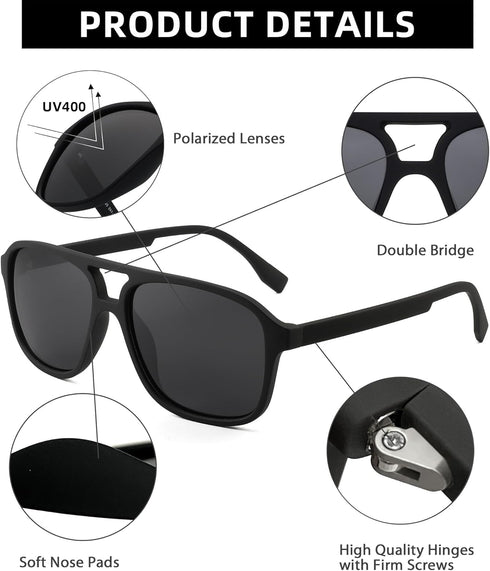 JIM HALO Polarized Aviator Sunglasses Men Women Vintage Square Driving Glasses (Matte Black Frame/Polarized Grey Lens)...