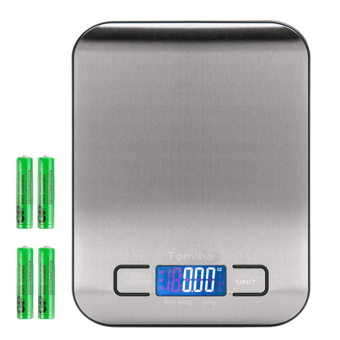 Digital Kitchen Food Scale 11 lb Grams and Ounces Small Stainless Steel Backlit Silver Batteries Included...
