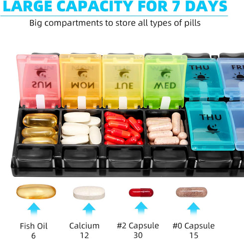 FGcase AM PM Weekly 7 Day Pill Organizer, Large Daily Pill Cases Pill Box with Easy Push Button, Pill Reminder Container for Medicine, Vitamin, Pi...