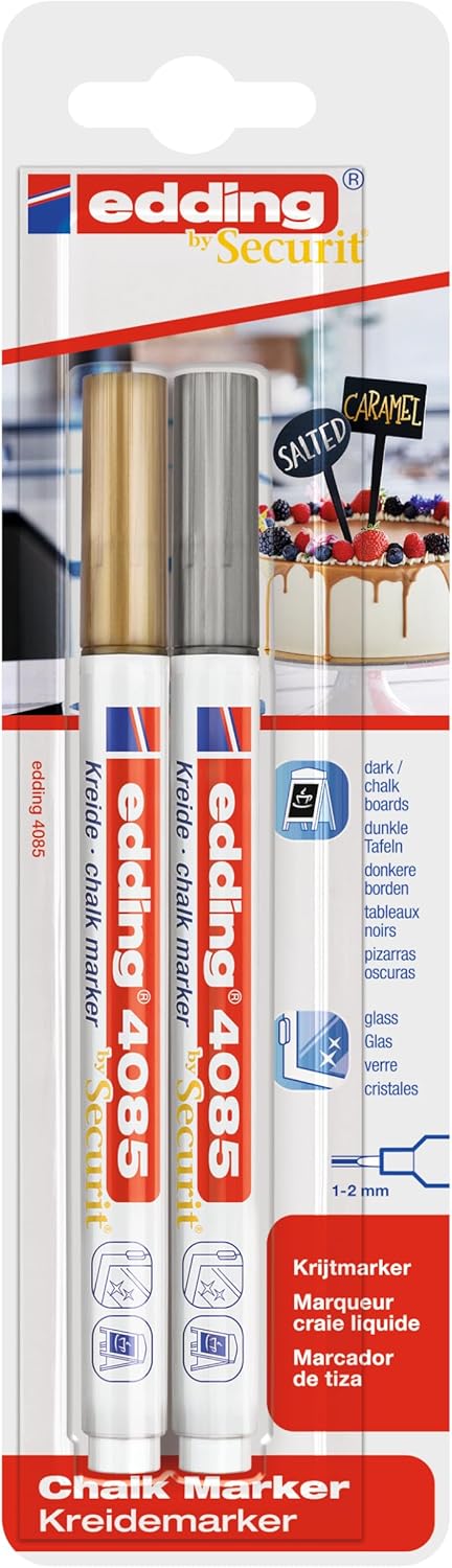 edding 4085 chalk marker - gold, silver - 2 chalk pens - round nib 1-2 mm - fine-nib wet wipe pen for chalkboards, windows, glass, mirrors - liqui...