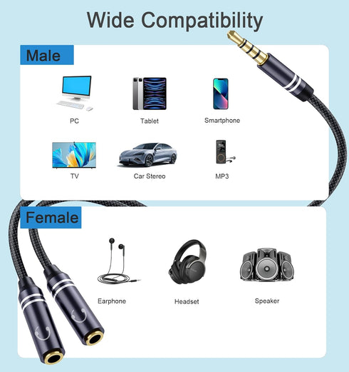 2 Pack 3.5mm Headphone Splitter, Hi-Fi Sounds Extension Cable Audio Stereo Y Splitter, Male to 2 Female (TRRS - 4 Pole) Headset Splitter, Aux Jack...