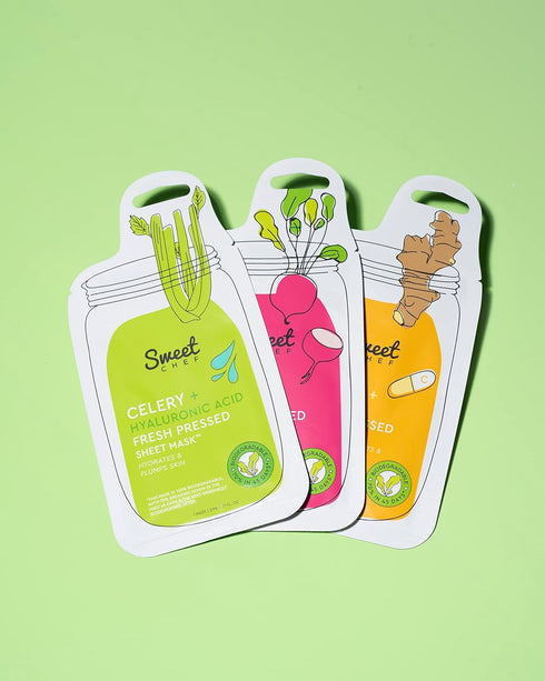 Sweet Chef Ginger + Vitamin C Fresh Pressed Beauty Sheet Masks - 100% Biodegradable - Brighten Dark Spots & Uneven Skin Tone - Vegan Natural Skinc...