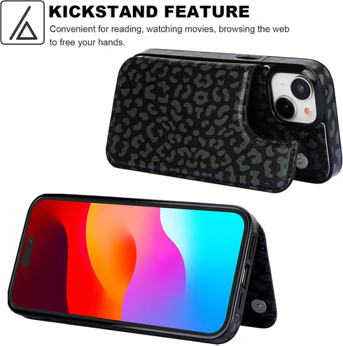 HAOPINSH for iPhone 15 Wallet Case with Card Holder, Black Leopard Cheetah Pattern Back Flip Folio PU Leather Kickstand Card Slots Case for Women ...