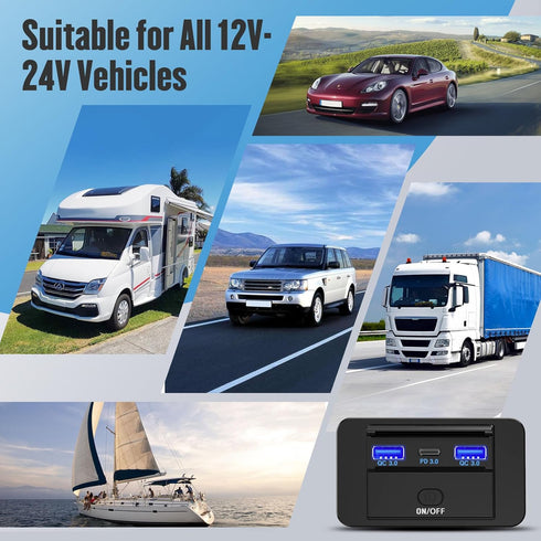 12V RV Type C USB Outlet with Power Switch 66W Dual QC3.0 USB &PD3.0 Quick Charge Socket 12V 24V Car Charger RV Switch Panel Car Charger with Wate...