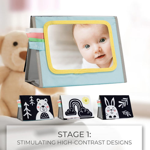 ZICOTO Soft Tummy Time Book with Large Stimulating Baby Safe Mirror - High Contrast Montessori Sensory Developmental Toy for Newborn/Infant 0-3 & ...