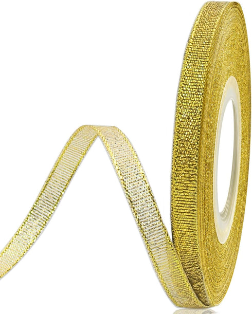 Glitter Metallic Gold Ribbon 1/4 Inch 25 Yards, Sparkly Fabric Ribbon Perfect for Crafts, Sewing, Gift Package Wrapping for Christmas, Easter, Val...