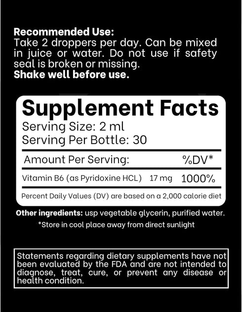 Vitamin B6 Liquid Drops - Pyridoxine hcl - B6 Vitamins Support Brain Function, Immune System, Nervous System and Mood - 17 mg 1000% DV - Gluten an...