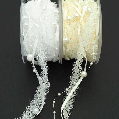 5M/5.5 yards Lace Ribbon Artificial Bead Pearl Ribbon Wedding Flower Christmas Tree Decoration Craft Packaging Valentine's Day Hearts Gift Wrap Ri...