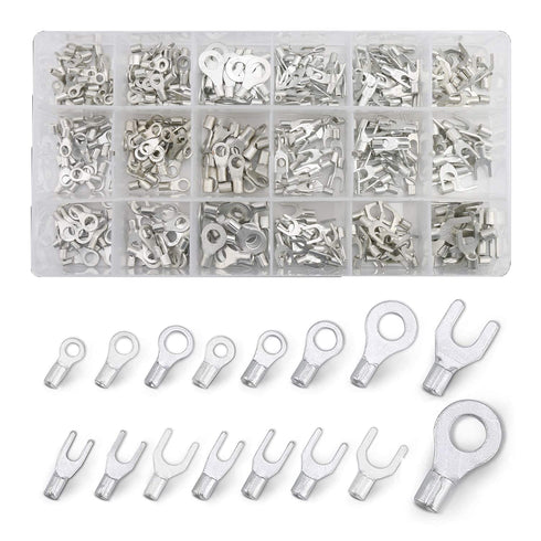 420pcs Non-Insulated Ring Terminals & Fork Connector Kit 22-16/16-14/12-10 Gauge Wire Lugs Battery Cable Terminals Wire Crimp Connectors High Temp...