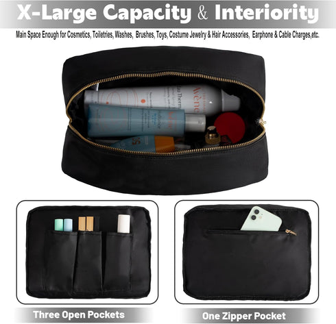 Travel Essentials Extral Large Makeup Bag Travel Cosmetic Pouch Toiletry Bag for Women Men Nylon Bathroom Bag with Zipper Pocket (Black,XL)...