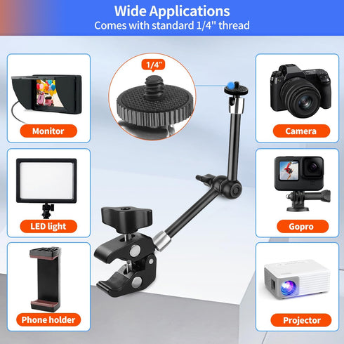 Magic Arm Camera Mount 11inches with Super Clamp,Articulating Arm Load Capacity 6lbs,Camera Mounts & Clamps with 1/4" and 3/8" Threads for LCD Mon...