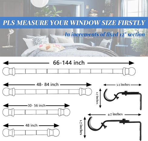 Curtain Rod, 48" - 84" Black Curtain Rods for Windows, 1" Diameter Decorative Adjustable Curtain Rod with Brackets for Room Divider, Bedroom, Livi...