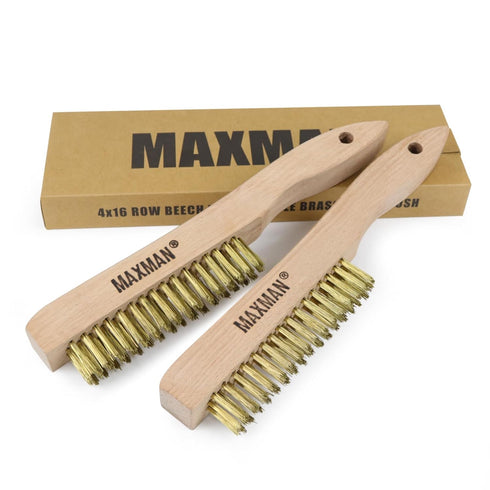 MAXMAN Brass Brush, Heavy Duty Brass Wire Brush Set 2Pcs, Metal Brush, Wire Brushes for Cleaning Rust with 10"Curved Beechwood Handle...