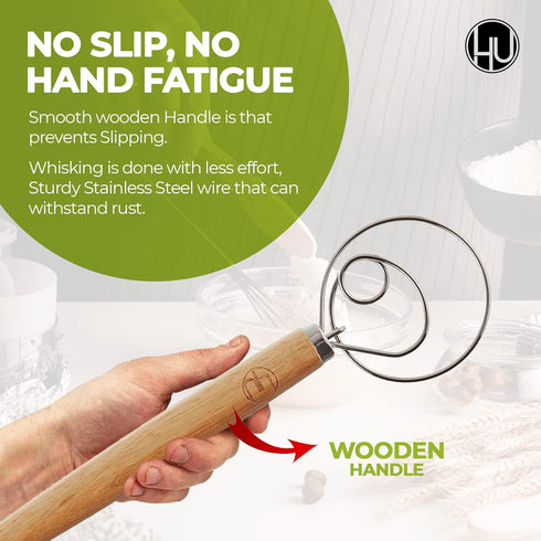 LHU Premium Original Danish Dutch Whisk for Better Batter and Bread Dough Recipes, Stainless Steel/Beechwood, Includes Cleaning Brush, Large, 13.5...