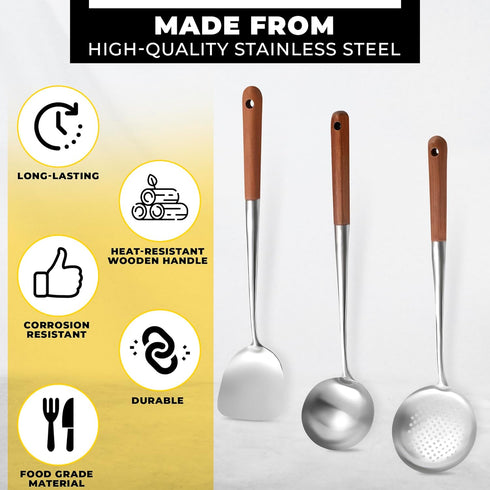 Wok Spatula and Ladle,Skimmer Ladle Tool Set, 17Inches Spatula for Wok, 304 Steel Wok Spatula...