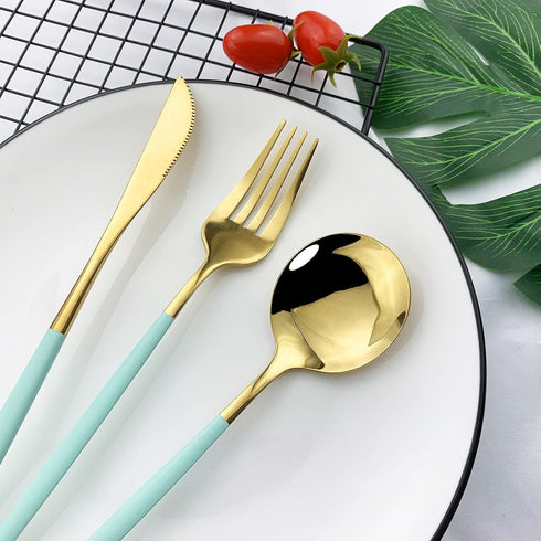 JASHII Flatware Serving Set 24 Piece, Stainless Steel Silverware Set, Mint Green Gold Cutlery, Modern Elegant Tableware for Party, Christmas, Dinn...