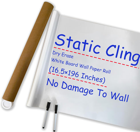 Static Whiteboard Wallpaper Roll, Portable Restickable Dry Erase White Board Wall Paper (16.5X196 in.) No Adhesive for Home Office Classroom...