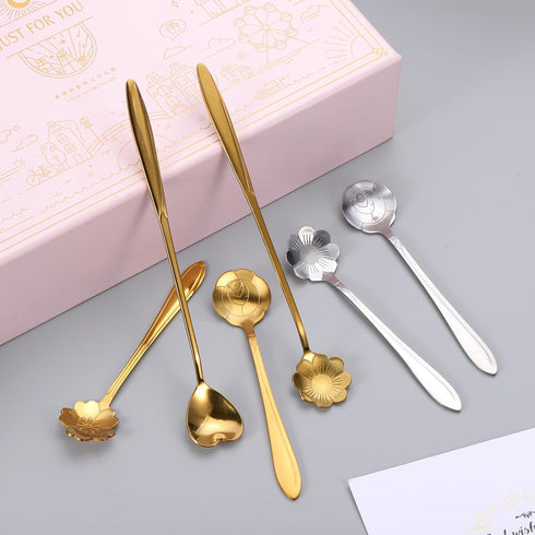 uxcell 4Pcs Stainless Steel Flower Spoons 5 Inch Cherry Blossom Shape Coffee Spoon Small Teaspoon Dessert Spoon for Espresso Sugar Cake, Gold...