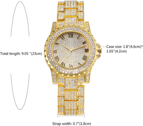 JewelryWe Men Women Watches Stylish Rhinestone Round Quartz Watch Gold Plated Stainless Steel Wristwatch for Valentine’s Day...