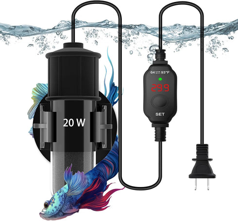 Small Aquarium Heater,Submersible Adjustable Mini Fish Tank Heater 20W,Betta Heater with External Temperature Controller,LED Temperature Display, ...