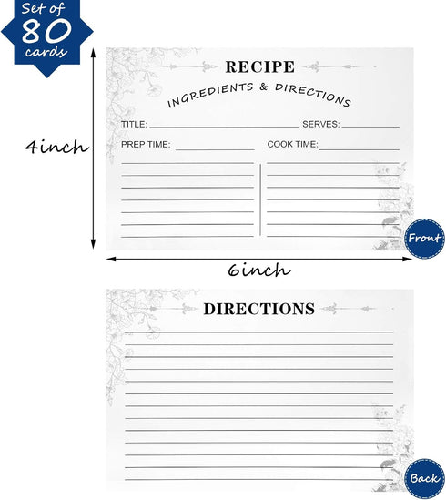 80 Pack Recipe Cards, 4 x 6 Inch Kraft Double Sided Recipe Cards Cooking Recipe Cards Stock Thick Cardstock Recipe Cards with Lines for Weddings, ...