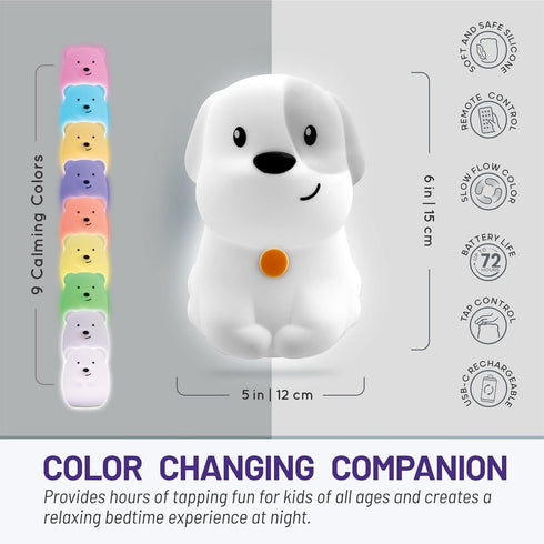 Lumipets Remote Control Silicone Night Light for Kids - Puppy Design with 9 Soft Colors & Sleep Timer - Rechargeable, Battery-Operated Lamp for Be...