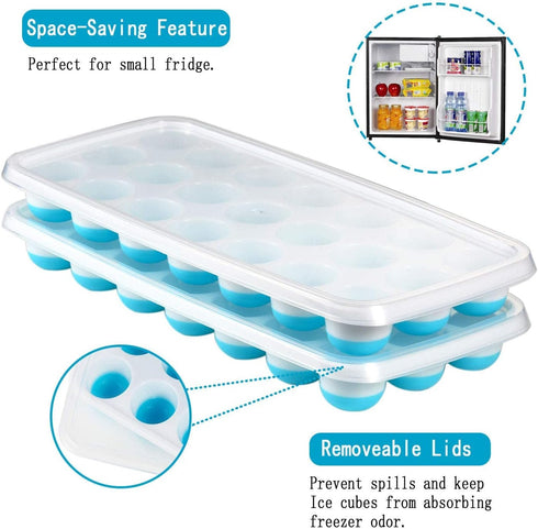 Ice Cube Trays Easy Release-Odor free,Spill Resistant Lid Included,2 Pack, Small Size, Stackable 42 Cubes,Silicone(Blue)...