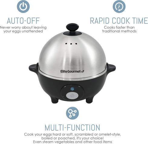 Elite Gourmet EGC-508 Rapid Egg Cooker, 7 Easy-To-Peel, Hard, Medium, Soft Boiled Eggs, Poacher, Omelet Maker, Auto Shut-Off, Alarm, 16-Recipe Boo...