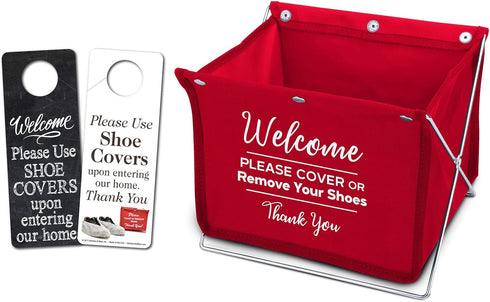 Mediz Foldable Shoe Cover Holder (Red) with Bonus: 1 Door Hanger Double Sided - Please Use Shoe Covers...