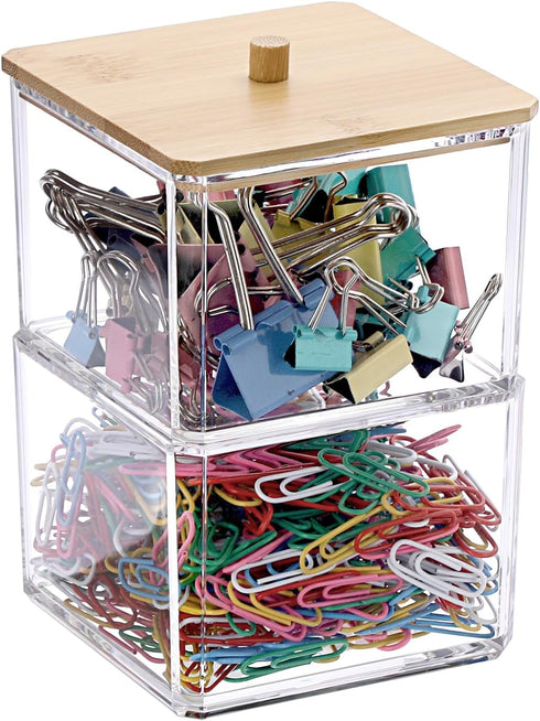 BTSKY Clear Stackable Paper Clip Holder with Bamboo Lid 2-Layer Paperclip Box Thick Acrylic Office Supply Accessory Organizer Square Small Storage...