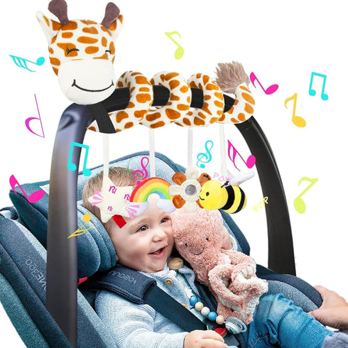 Stuffed Giraffe Spiral Car Seat Toys, 0-6 months Stroller Activity Baby Infant Carseat Toys Hanging Including Bee Rattles| Flower Mirror| Rainbow ...