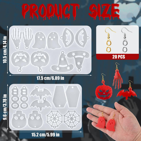 82pcs Halloween Earring Resin Molds, 10 Styles Resin Earring Molds with Earring Hook Silicone Resin Jewelry Molds Kit for DIY Earrings Keychain Je...