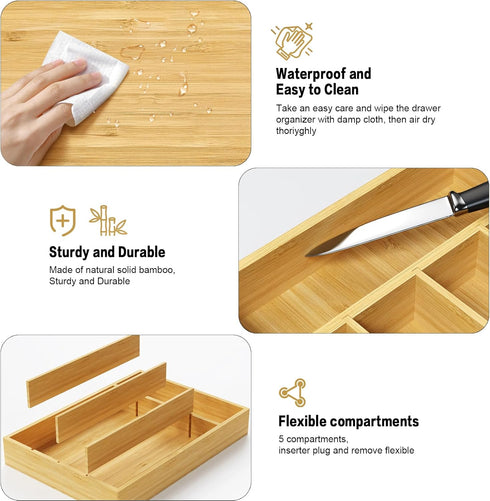 Bamboo Kitchen Drawer Organizer - Silverware Organizer for Kitchen Drawers - Utensil Tray and Flatware Storage for Kitchen - Flatware Organizer - ...