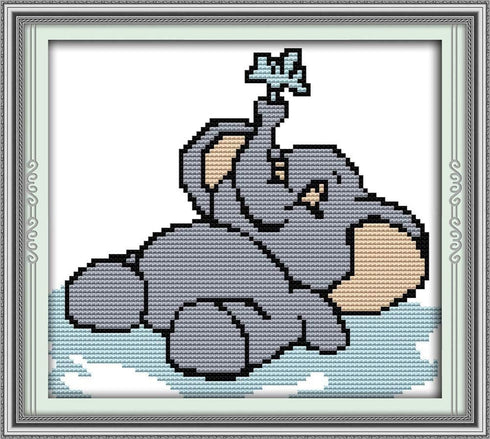 Abillyn Embroidery Cross Stitch Kits Elephant Cub Playing with Water Stamped with Printed Pattern Starter Kit (Elephant)...