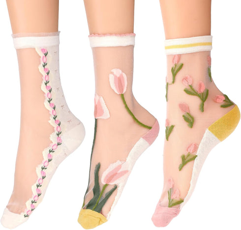 3 Pairs Sheer Socks Women Mesh Socks Women Tulle Socks Lace Socks Summer Transparent Elastic Jacquard Crystal Glass Socks Womens Crew Socks Cute M...