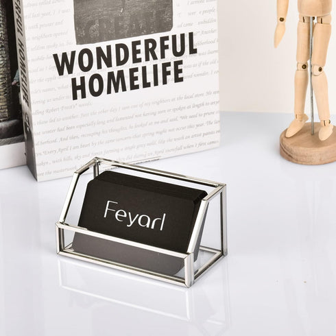 Feyarl Glass Business Card Holder Stand Gold Office Name Card Display Business Card Organizer Storage for Office Desktop Countertop (Silver)...
