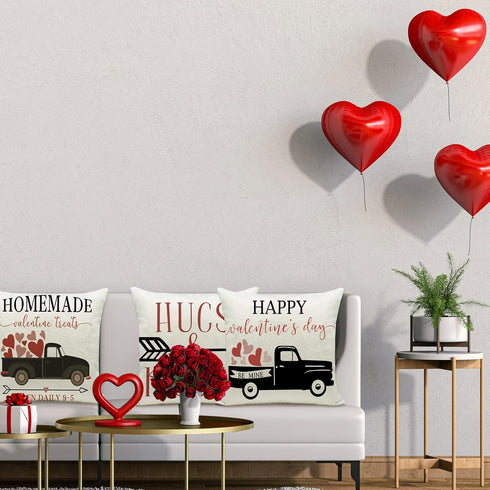 Hlonon Valentines Day Pillow Covers 18 x 18 Inches Set of 4 - Red Heart Truck Decor and Love Arrow Decor Throw Pillow Covers for Sofa Couch Cushio...