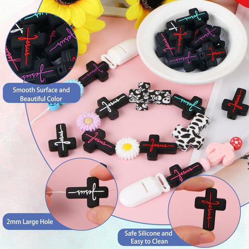 LIYDE 15 Pcs Religion Silicone Beads for Jewelry Making Jesus Faith Silicone Beads Bulk for Pens Silicone Beads with Box Cross Shaped Spacer Loose...