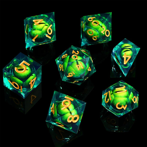 DND Resin Dragon Eye Dice Set for RPG & Role Playing - 7pcs Polyhedral Liquid Core Sharp Edged Dice Set D20 D12 D10 D8 D6 D4 with Gift Box,Dungeon...