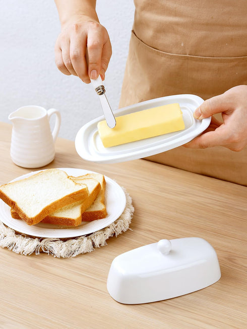 Yedio Ceramic Butter Dish with Lid and Knife for Countertop Refrigerator, 8 Inch White Butter Holder with Porcelain Cover Knob Handle for East Wes...