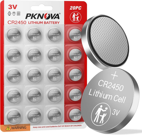 CR2450 3V Lithium Battery, 20 Pack, 3V Button Cell Battery, Lithium Coin Battery for Watches, Calculators, Car Remote, Key Fob...
