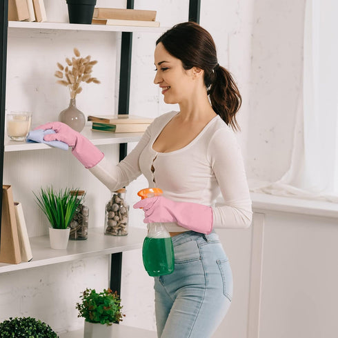 3 Pairs Rubber Cleaning Gloves Latex Free Dishwashing Gloves - 13" Reusable Nitrile Gloves Medium, Green+Pink+Orange...