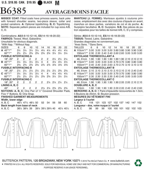 Butterick Patterns B6385 E5 Misses' Funnel-Neck, Peter Pan or Pointed Collar Coats with Custom Cup Sizes by Lisette, Size 14-22 (6385)...