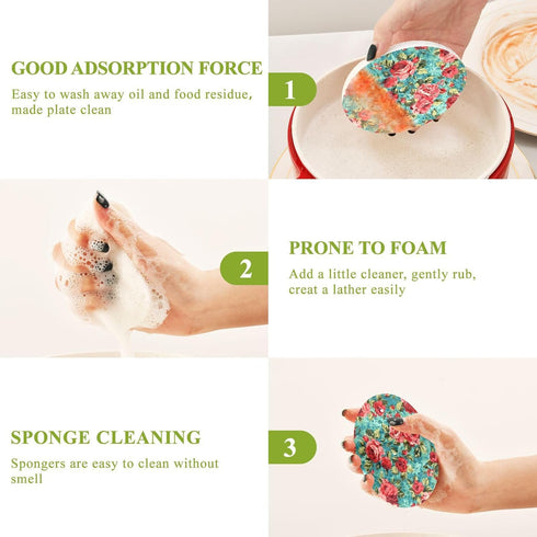 Kcldeci 3 Pack Kitchen Scrub Sponges Red Green Rose Kitchen Dish Sponge Non-Scratch Microfiber Sponge for Household Cleaning Dishes, Pots and Pans...