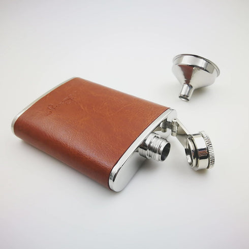3oz Brown Red Leather Wrapped Hip Flask with a Funnel 18/8 Stainless Steel-YM102...