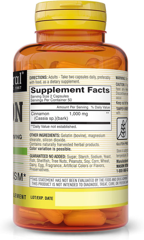 CINNAMON 1000 mg Natural Dietary Supplement Capsules by Mason 100 Ea...