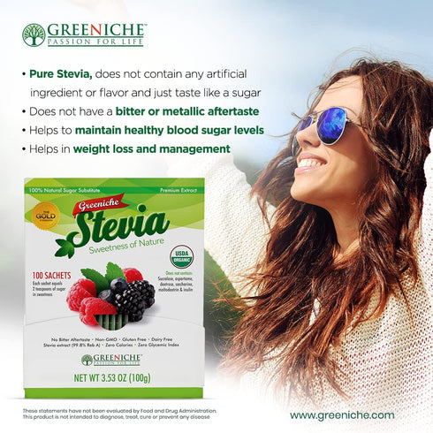 Greeniche Stevia 100 Sachets, Powdered Sweetener & Food Additive, A Completely Safe Sweetener Extracted from The Herb Stevia Rebaudiana, Sugar Sub...