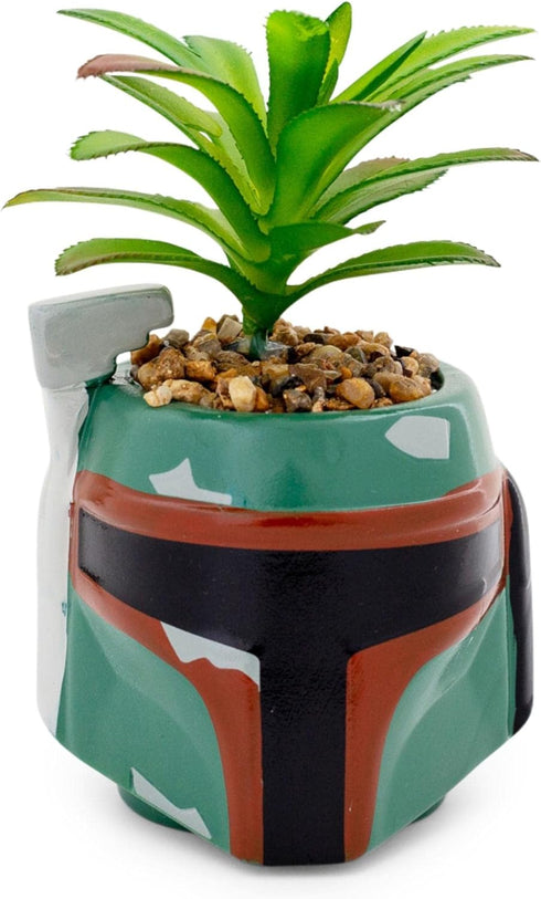 Star Wars Boba Fett Helmet 3-Inch Ceramic Planter with Artificial Succulent | Small Flower Pot, Faux Indoor Plant for Desk Shelf, Trinket Tray | C...